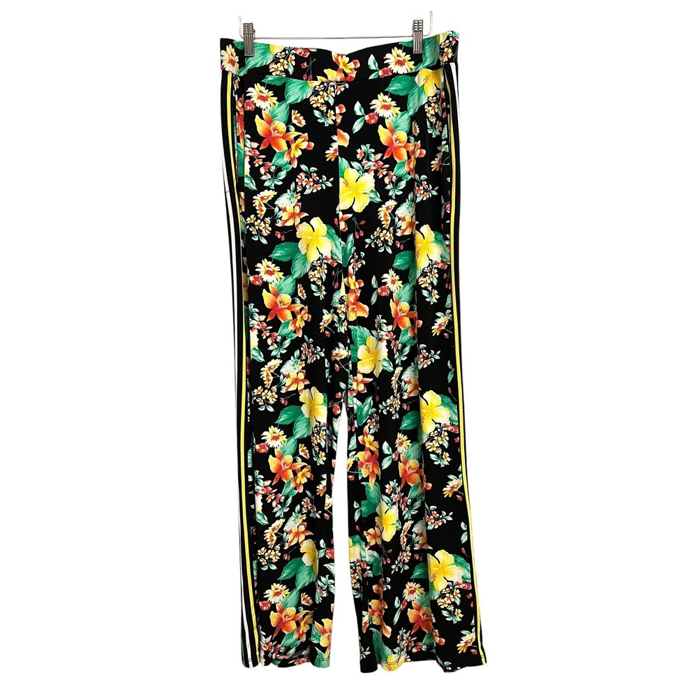 Rafaella Pants Womens Large Black Floral Wide Leg Pull On Casual Tropical Jersey